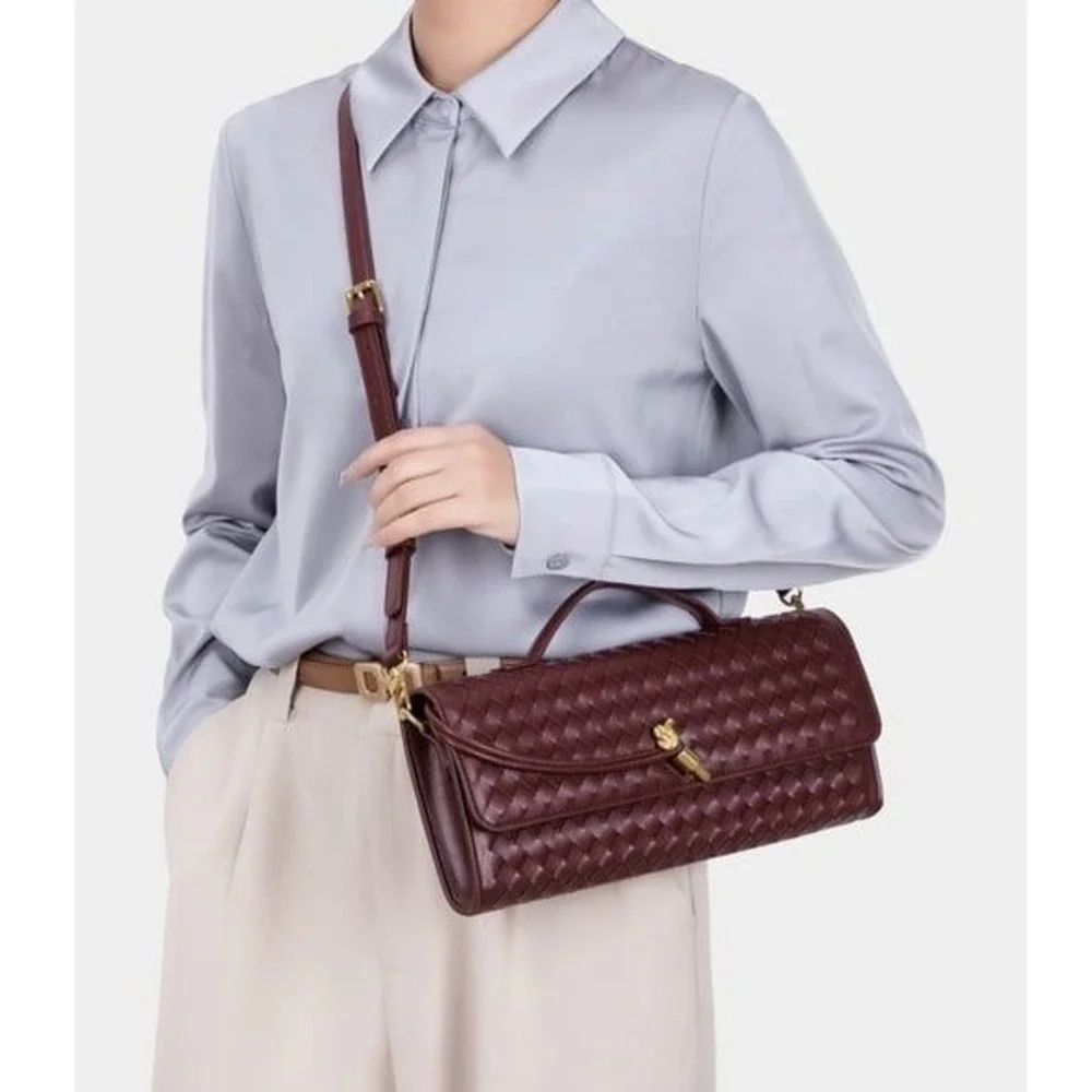 Woven Burgundy Vegan Leather Crossbody Clutch Bag with Knot Lock New